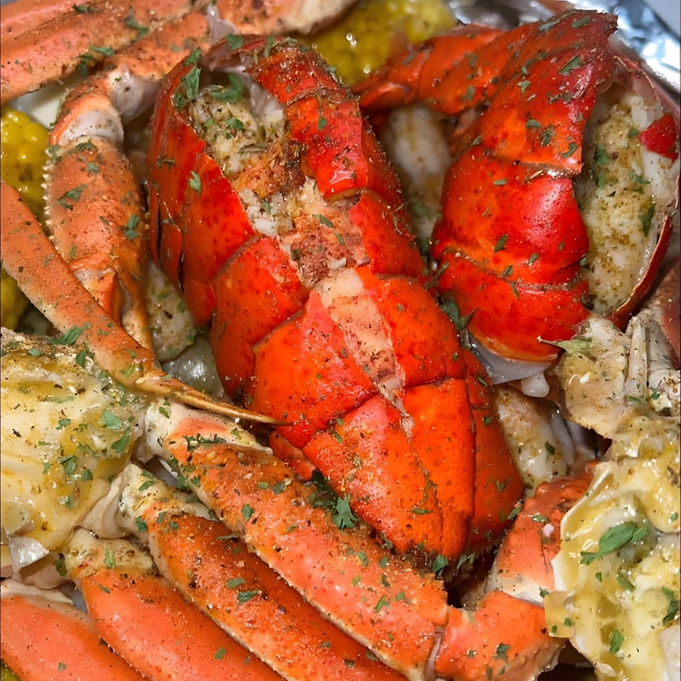 Royal Krabz seafood boil with bright red lobster tails, crab legs, and corn on the cob.